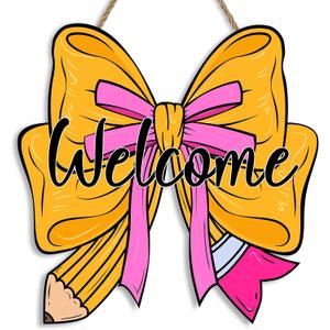 Back to School Welcome Door Sign for Classroom Decorations, Cute Pencil Bow Design First and Last Day of School Welcome Wooden Wall Hanging Wreath Decor for School Classroom