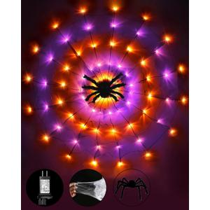 Halloween Decorations Spider Web Lights String Light for Home, 4.9FT 96LED Waterproof Plugin Net Lights with 8 Modes & Timer, Light Up for Party Indoor Outdoor Garden Yard Haunted House(Orange Purple)