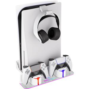 Hosanwell PS5 Wall Mount Kit with Charging Station, Compatible with PlayStation 5/Slim/Pro Disc & Digital Version, Dual Use Charging Station with Multi-Mode RGB Light, White