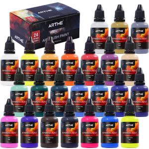 ARTME Airbrush Paint, 24 Colors Airbrush Paint Set Include Metallic and Neon Colors, Opaque & Water Based, Leather & Shoe Airbrush Paint Kit for Artists, Beginners, and Students