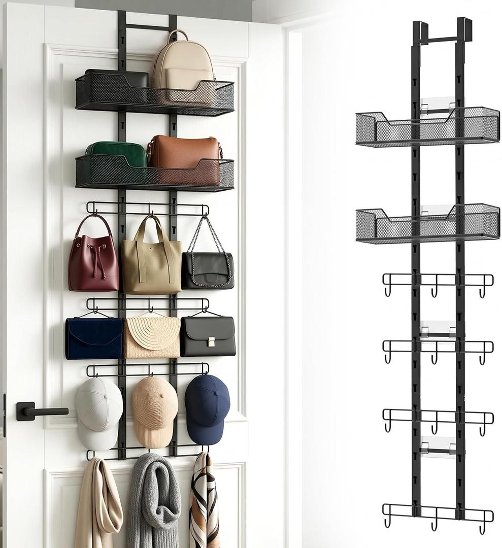 Purse Organizer, Bag Organizer for Closet Door, Over The Door Hanging Handbag Storage Rack with Adjustable 12 Metal Hooks & 2 Baskets, Foldable, No Tools Installation