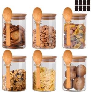 Glass Jar with Bamboo Lids,Overnight Oats Containers with Lids,Glass Food Storage Jars Containers,Kitchen Canisters for Candy,Cookie,Coffee,Sugar,Tea,Nuts,18.5oz/540ML(6PCS)