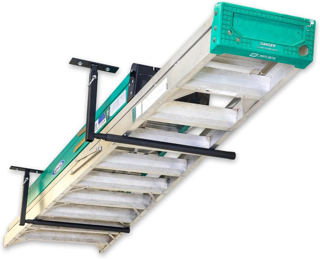 StoreYourBoard Adjustable Ceiling Rack  Hi Port 2 Garage Ceiling Ladder Hanger | Adjustable Overhead Ladder Storage for Step & Extension Ladders | Garage Organization | Holds 75 lbs (Single)