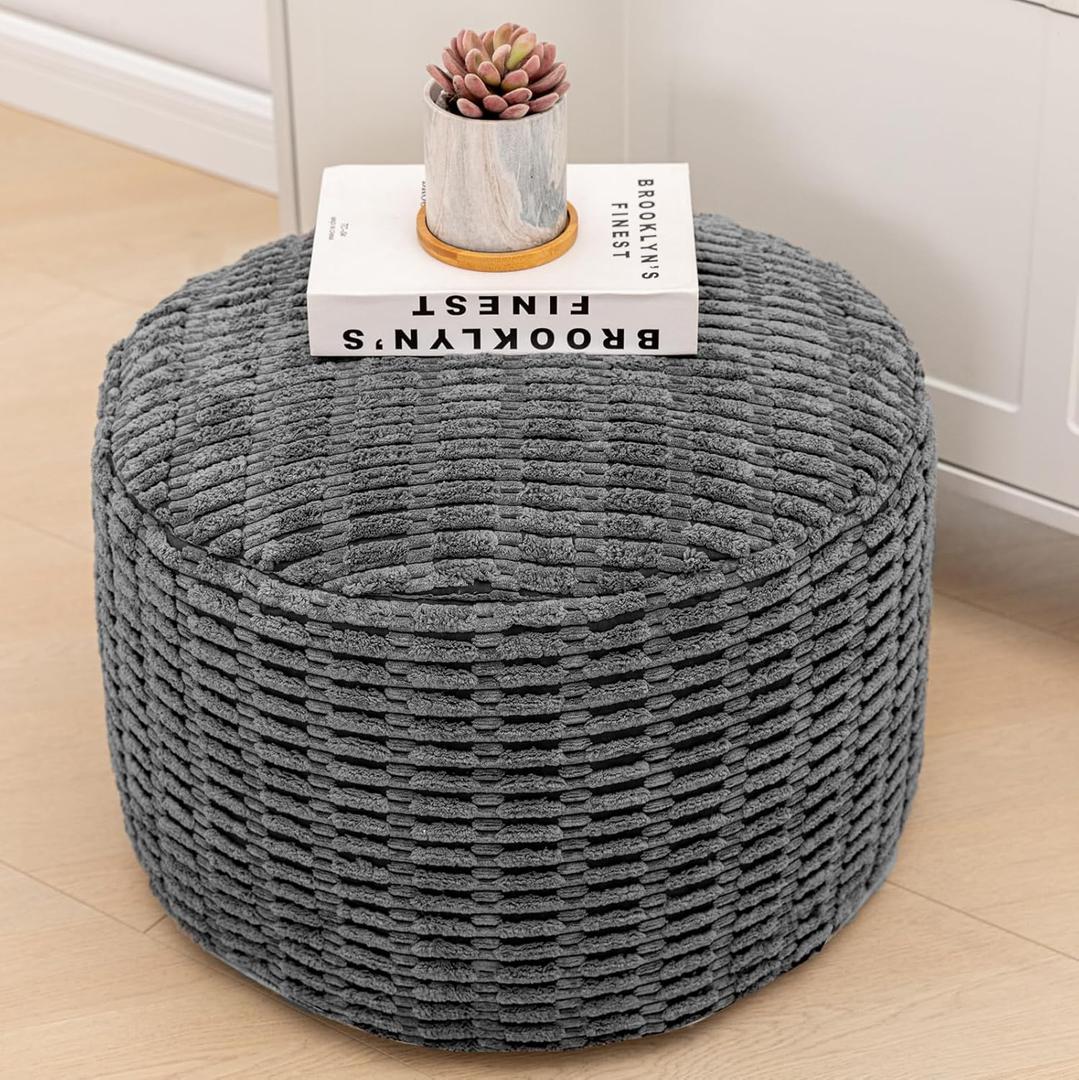 Stuffed Pouf Ottoman with Modern High-Density Foam Faux Fur Poufs Pouf Stool Round Foot Stool Cushion Storage Ottoman 20 * 12''Floor Poufs Ottoman Foot Rest for Living Room (Dark Grey)