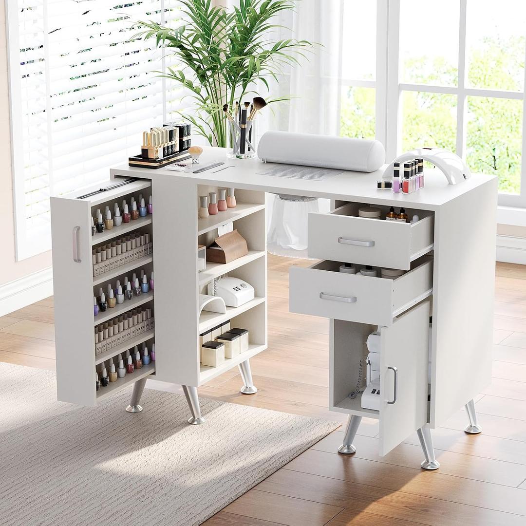 42'' Manicure Table for Nail Tech with Electric Dust Collector and Wrist Rest, Nail Desk with Vertical Pull-Out Locker, 1 Storage Cabinet, 2 Drawers, 4-Tiers Open Shelves, Beauty Salon Workstation