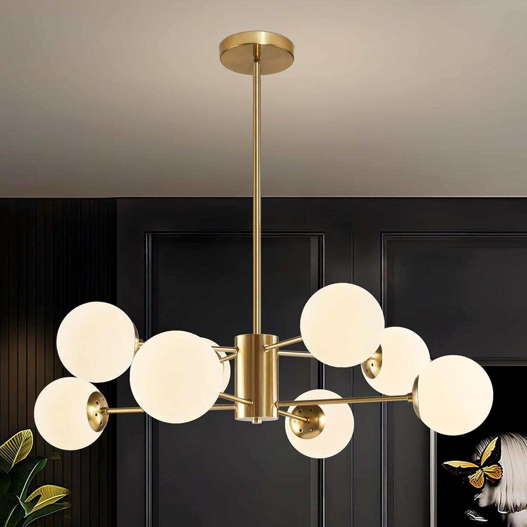 8-Light Globe Sputnik Chandelier Gold Mid Century Modern Light Fixture Brushed Brass Finished with White Frosted Globe Glass Lampshade Sputnik Chandeliers for Dining Room Kitchen Island Bedroom
