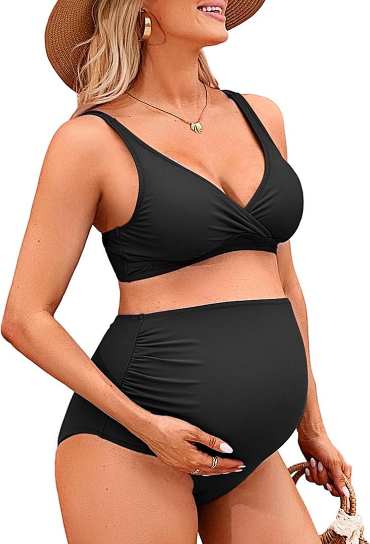 Charmo High Waisted Maternity Swimsuit Bikini Set V Neck Pregnancy Bathing Suits Push Up Two Piece Swimwear (Medium, #1a Black)