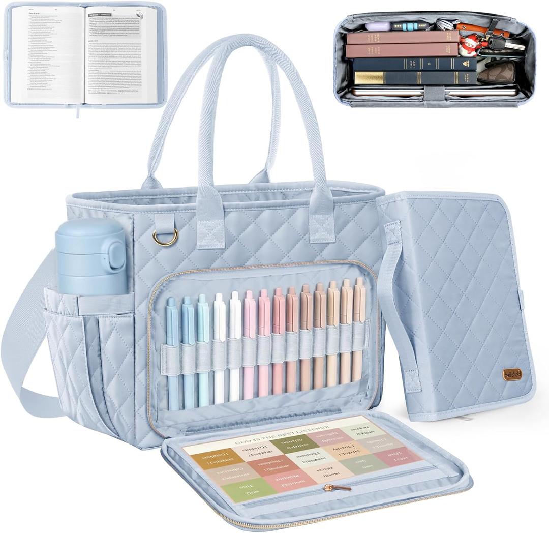 BellaHold Large Bible Bag with Bible Cover Case for Women, Church Bag with Shoulder Strap, Quilted Bible Cover for Bible Study Supplies, a Christian Gift for Women, Blue