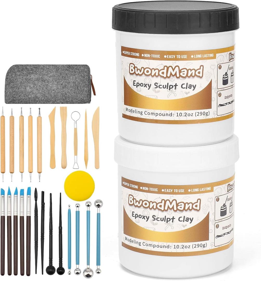 Sculpts Epoxy Clay with 24 Pcs Clays Tools Kit, 2 Part Modeling Compound (A&B) 1 Pound Self-Hardening DIY Magic Sculpt + Clay Sculpting Tools Set for Sculpting, Modeling, Filling, Repairing
