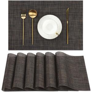 SHACOS Placemats Set of 6 Woven Vinyl Place Mats Wipeable Heat Resistant Plastic Non Slip Table Mats Indoor Outdoor, Black Brown