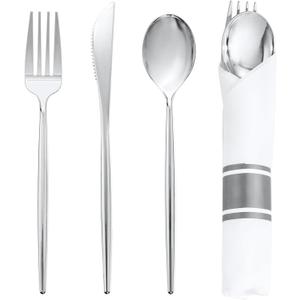 SUT 50 Pack Pre Rolled Silverware Set Disposable, 200 Pcs Silver Plastic Utensils Include 50 Forks, 50 Knives, 50 Spoons and 50 Napkins, Plastic Cutlery, Wrapped Silverware Set Disposable for Party