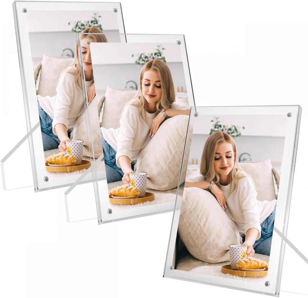 3 Pack Acrylic Picture Frames 5x7 Photo Frame Clear Magnetic Picture Frame With Stand for Home Office Horizontal or Vertical Display