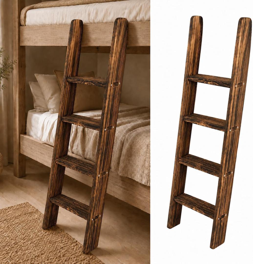 50 Inch Wood Bunk Bed Ladder, Solid Pine RV Bunk Ladder with 3.7 in Wide Flat Steps, Screw-Fixed Brackets, Non-Slip Pads, Replacement Wooden Ladder for Camper Motorhome Loft Bed, Torched Brown