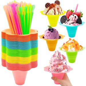200PCS 8oz Colorful Snow Cone Cups with Spoon Straws,Large Reusable Snack Ice Cream Bowls,Plastic Flower Shaped Shaved Ice Drip Cups for Cookout Food Service Holiday Party Party Summer