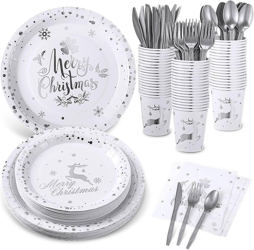 175 Pcs Merry Christmas Party Dinnerware Foil Dots Christmas Paper Plates Set Elk Disposable Xmas Plates Napkins Cups for New Year Wedding Birthday Baby Shower Party Supplies Decoration (White Silver)