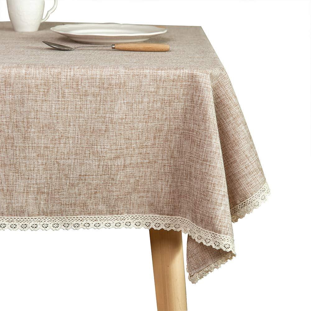 GLORY SEASON Linen Rustic Burlap Washable Tablecloth, Solid Heavy Weight Tan 55 x 70 Rectangle Overlay Lace Edge Table Cover for Kitchen Dinning Decoration