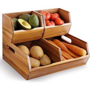 Acacia Wood Pantry Storage Bins - Stackable Open Front Kitchen Baskets with Airflow Vent for Potato, Onion, Fruit, Vegetable, and Bread Storage, Wood Organizer for Pantry and Countertop