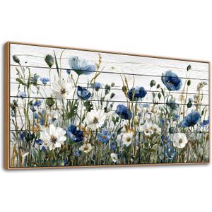 KZKU Floral Canvas Wall Art Blue and White Wildflowers Rustic Modern Farmhouse & Country Decor for Living Room Bedroom Kitchen 20x40inch