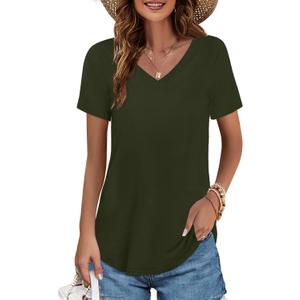 Elesomo Womens T Shirts V Neck Summer Short/Long Sleeve Cotton Tops Tees (Large, B:green)