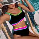 BMJL Women's High Waisted Bikini Sets Sporty Two Piece Swimsuits Color Block Cheeky High Cut Bathing Suits (Black, XL)