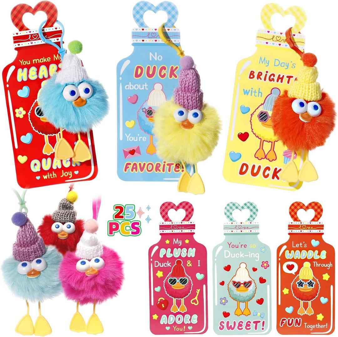 Valentines Day Gifts for Kids - 25 Pack Duck Plush Toys Keychains with Valentine Gifts Cards,Friends Classroom School Exchange Party Favors