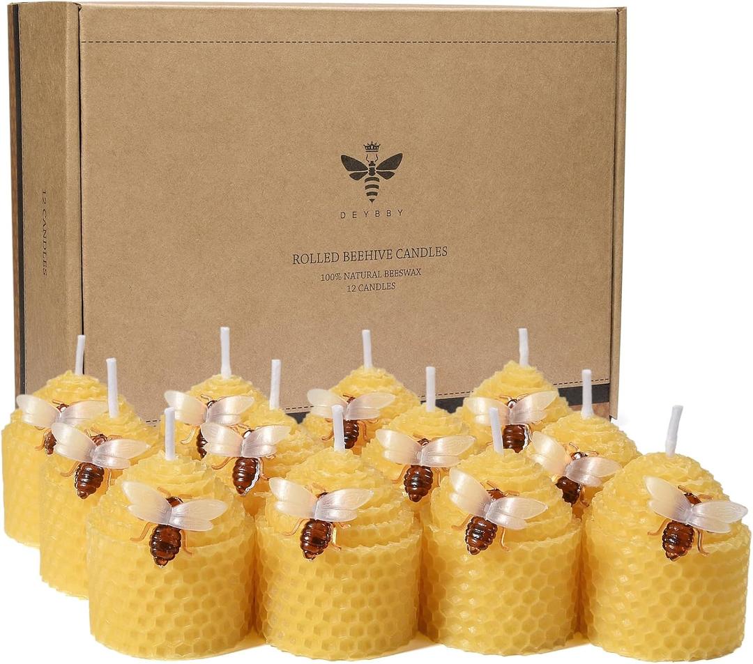DEYBBY Natural Beeswax Candles Bulk Set of 12, Small Bee Votive Candles with Little Bee Decorations as Gift (Yellow)