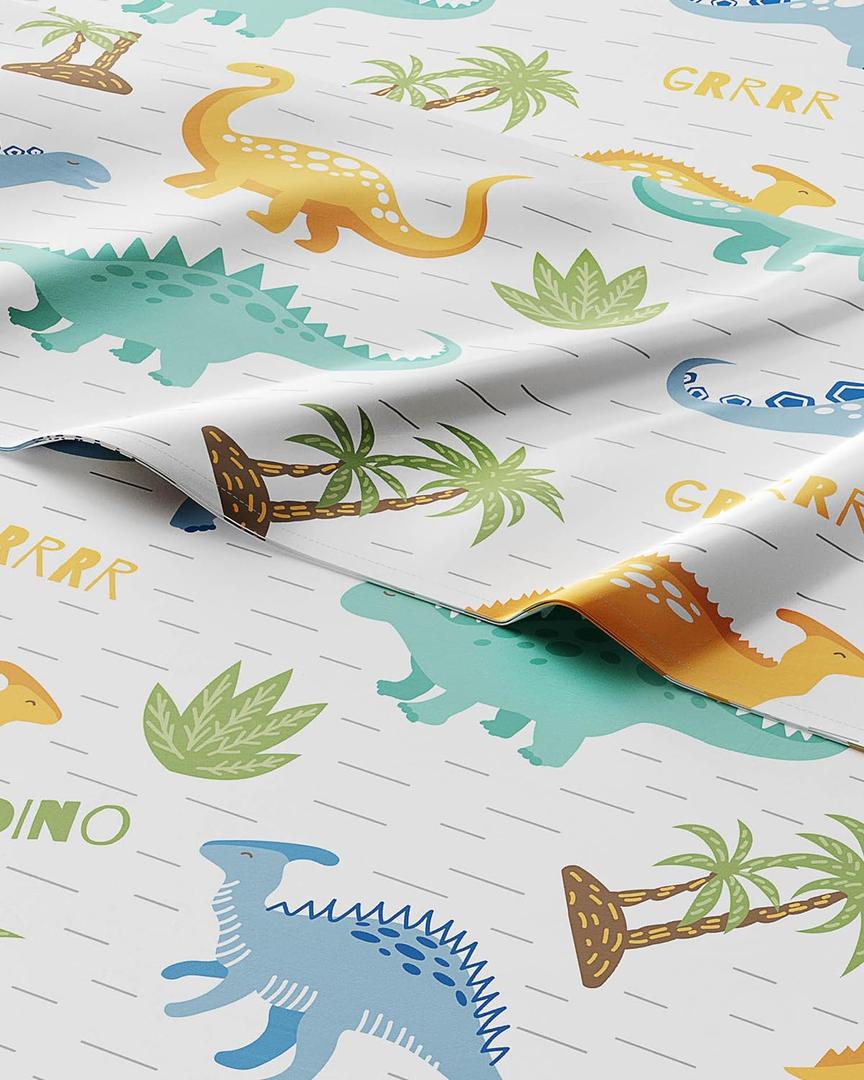 Kids Full Size Bed Sheet Set - 4 Piece Kids Loft Bed Sheets - Colorful Dinosaur Dino Print Bedding - Soft, Cute - Breathable & Machine Washable - Dino Pattern Bed Set for Boys, Girls, Teens & Toddlers