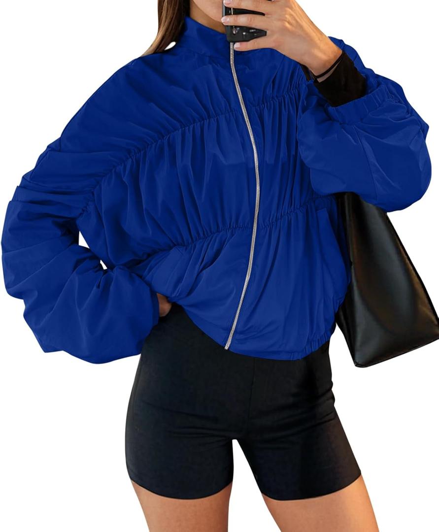Yousify Womens Lightweight Bomber Jacket Oversized Batwing Sleeve Zip Up Stand Collar Ruched Coat Jackets with Pockets (Medium, Blue)