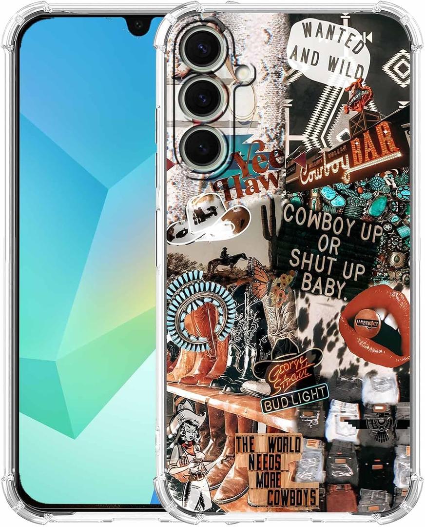 Western Cowboy Cowgirl Case Compatible with Samsung Galaxy A16,Retro Country Art Collage,Trendy Soft Bumper TPU Case for Galaxy A16