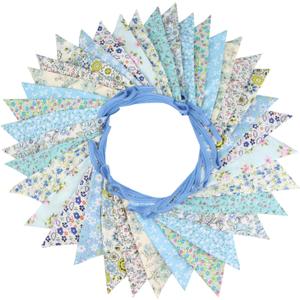 10M/32Ft Triangle Bunting Banner, 36 Pcs Cotton Fabric Flags Pennant Garlands for Birthday Party, Wedding, Baby Shower, Outdoor and Home Decorations (Blue)