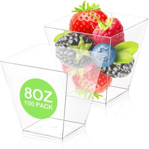 100 Pack 8 Oz Square Plastic Dessert Cups Clear Parfait Appetizer Cups for Ice Cream Fruit Puddings Desserts Appetizers Wedding Party Catering Supplies