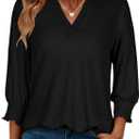3/4 Length Sleeve Women's Tops Business Casual Blouses V Neck T Shirts with Puff Sleeve 2026 (Large, Black Color)