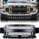 Front Grill Mesh Grille Replacement Compatible for Ford F 150 2018 2019 2020 with DRL & Turn Signal Lights and 3 Amber LED Lights(Matte Black)