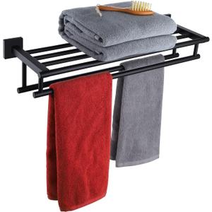KOKOSIRI Bath Towel Rack with Double Towel Bars Bathroom Towel Shelf 20 Inch Towel Holder Wall Mounted Stainless Steel, Matte Black, B6005BK-L20