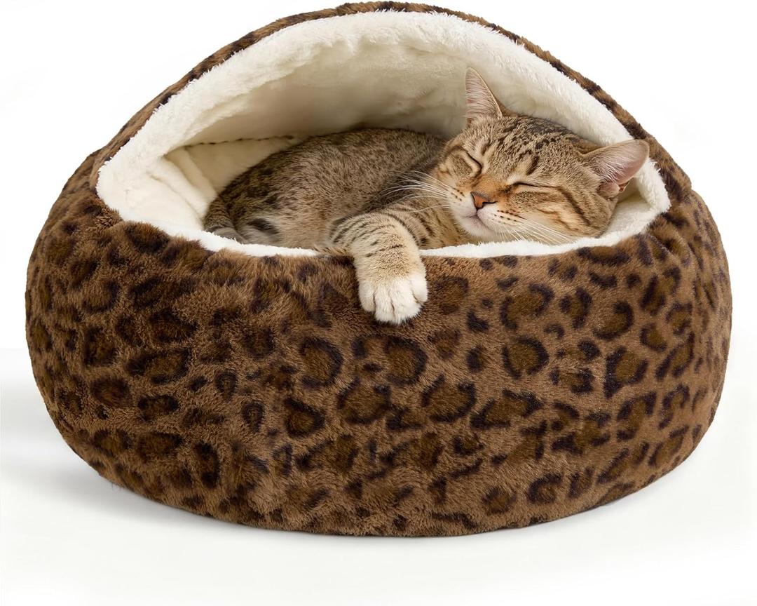 Calming Dog Beds & Cat Cave Bed with Hooded Cover,Removable Washable Round Beds for Small Medium Pets,Anti-Slip Faux Fur Fluffy Coved Bed for Improved Sleep,Fits up to 15/25 lbs(Leopard Print,S) (20.00" x 20.00" x 8.00")