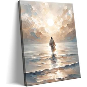 Jesus Walking on Water Canvas Wall Art, Christian Bible Stories Wall Decor Paintings, Jesus Walks on Water on Water Back Posters Prints Pictures for Church Living Room Bedroom 16x24 Inch Framed