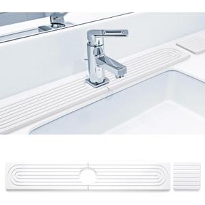 Qtencas Faucet Mat for Kitchen Sink, Diatomaceous Earth Kitchen Sink Splash Guard include 1 Coaster, Water Absorbing Stone Tray for Sink, Dries Instantly for Kitchen Counter Clean (White, 24*4 inchs)