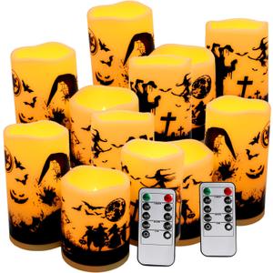 12-Pack Halloween Ink Painting Large Electronic Waxes with Remote Control, Flameless LED Candles for Halloween Spooky, Halloween Ambient Sense Artifacts.