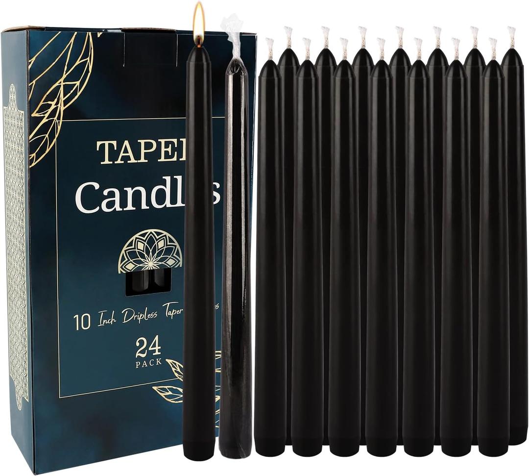 24 Pack Tall Taper candles-10 Inch Black Dripless, Unscented Dinner Candle Sticks, for Shabby, Halloween, Christmas, Wedding, 8 Hours Burn Time.