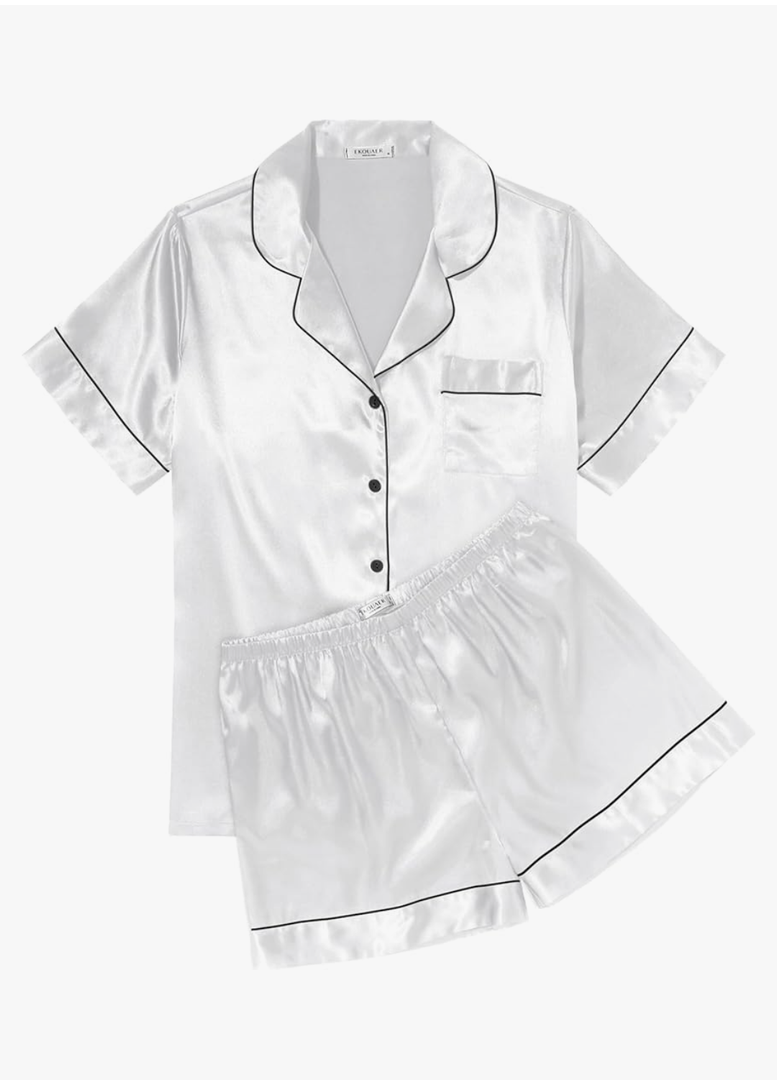 Ekouaer Womens Silk Satin Pajama Sets Soft Short Sleeve Button Down Sleepwear Top and Shorts 2 Piece Pjs Lounge Set, Size:S