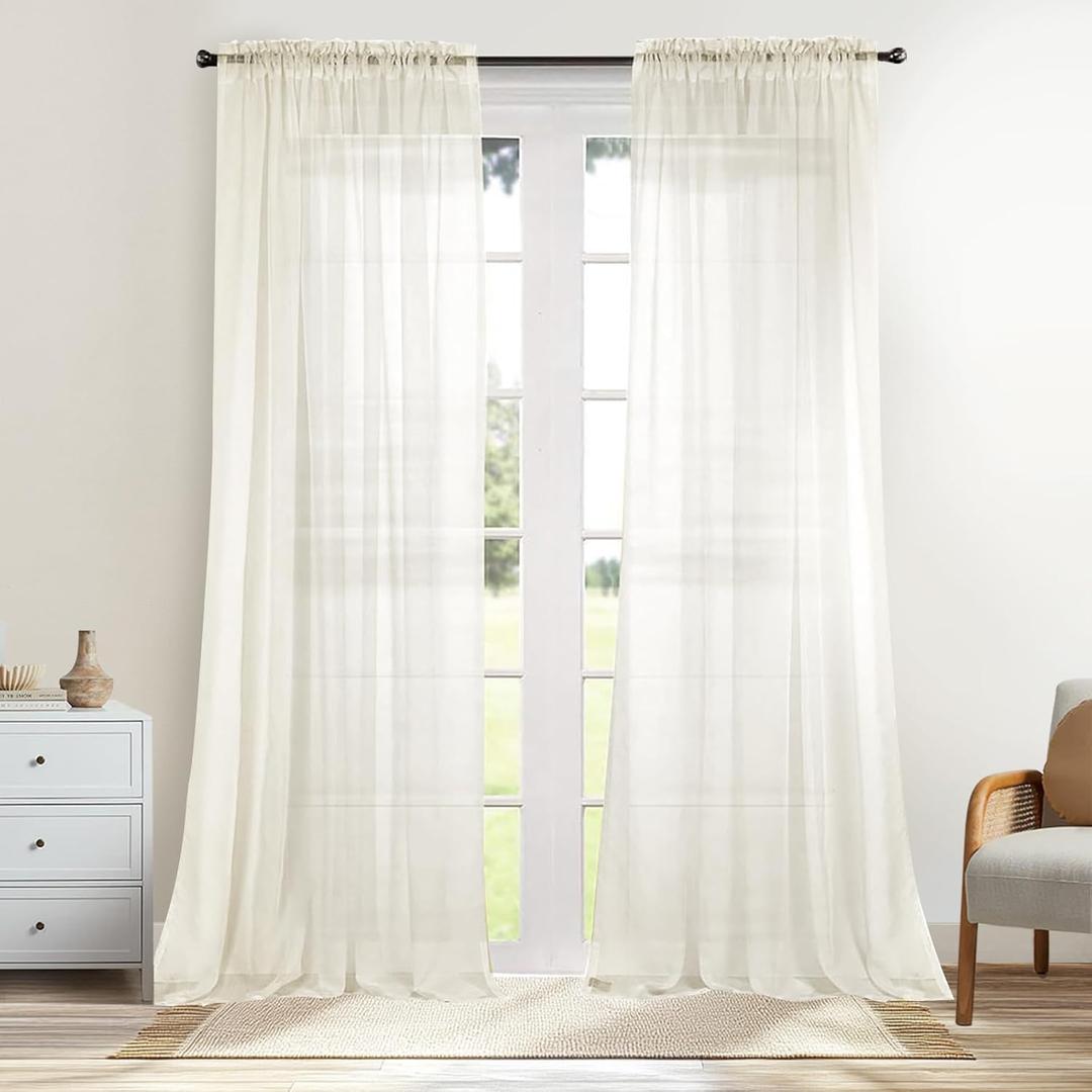 Dreaming Casa Solid Sheer Curtains 96 Inches Long Ivory Rod Pocket Voile Draperies for Bedroom Living Room, 2 Panels, Each 42" W x 96" L
