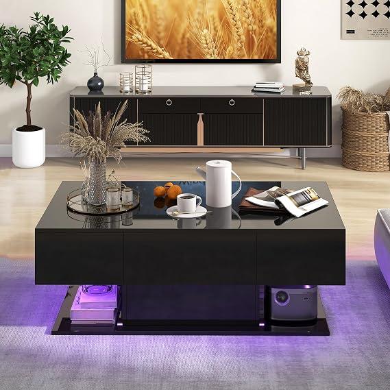 Modern LED Coffee Table - 2-Tier Center Table w/ 2 Storage Drawers, Adjustable Brightness & Speed, 20-Color Light, 43.5''L Rectangular High-Gloss Finished Table for Living Room (Black)