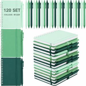 Fulmoon 120 Set Small Spiral Notebooks A6 with Pens & Holder, Forest Greens