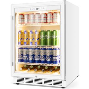 24 Inch Beverage Refrigerator, Undercounter Beverage Fridge, 200 Cans, Glass Door, Reversible Door, Temperature Control, Safety Lock, White, 4.9 Cubic Feet
