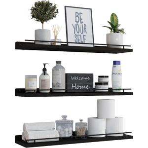 WOPITUES Floating Shelves 24 inch with Gold Metal Guardrail, Shelves for Wall Decor Set of 3, Wall Shelves for Bedroom, Bathroom, Kitchen, Living Room, Plants, Picture Frames, Art- Black