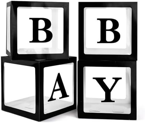 PABUES Baby Boxes with 4 PCS Letters for Baby Shower Black Clear Balloon Box Blocks Gender Reveal Decorations and Birthday Party (Black)