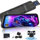 9.66 Inch Rear View Mirror Camera - 4K Mirror Dash Cam Front and Rear with 1080P Rear Camera - Full Touch Screen Mirror Camera for Car with WiFi&APP Control Parking Monitor Night Vision + 64GB Card