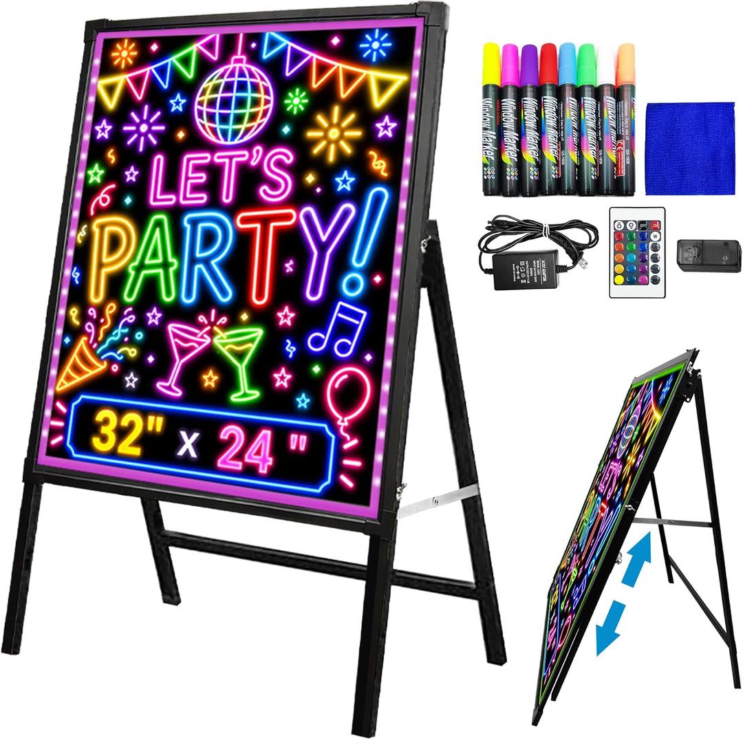 Standing A-Frame LED Message Writing Board 32" x 24", Neon Menu Sign with Adjustable Height, Outdoor Menu Display Board with 8 Colors Markers and Remote Control, DIY Message Light Board