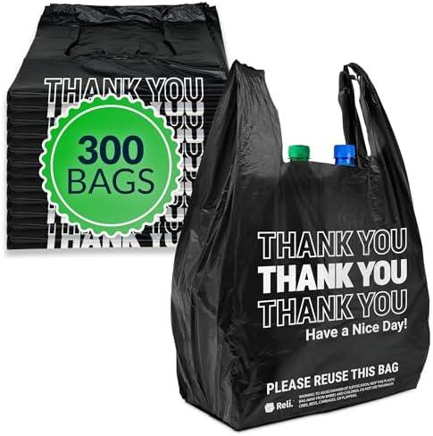 Reli. Thank You Plastic Bags | 300 Pack | (11.5" x 6.5" x 21"), Black | Plastic Bags with Handles | Ideal for Grocery, Shopping, Food Take Out, Restaurants, Small Business