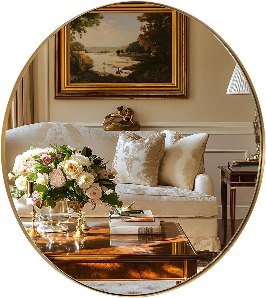 ANDY STAR Round Gold Mirror, 30'' Brass Mirror with Brushed Gold Frame, Wall Mounted Stainless Steel Metal Frame Round Mirror for Bathroom, Living Room, Bedroom